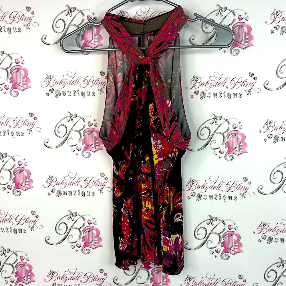 T Tahari halter tank top stretchy flowers floral Vibrant Abstract